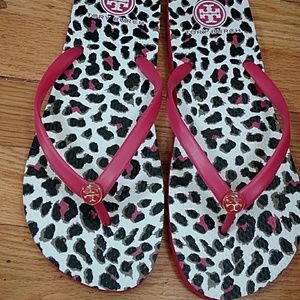 Tory Burch Sandals Flip Flops pink leopard cheetah